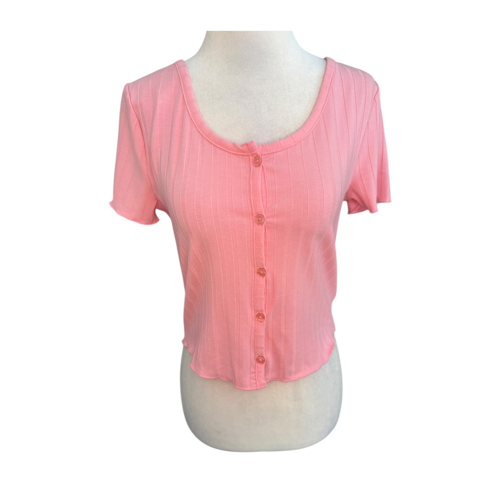 Cotton Emporium Hot Pink Ribbed Button Front Short Sleeve‎ Top Small NEW